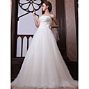 A-line Strapless Chapel Train Tulle Satin Wedding Dress With Veil