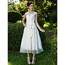 A-line Scoop Tea-length Lace Organza Wedding Dress