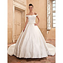 Ball Gown Scalloped-Edge Capped Cathedral Train Satin Wedding Dress