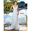 A-line V-neck Watteau Train Satin Chiffon Evening Dress With Removable Train