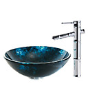 Transparent Graceful Painting Style Tempered Glass Vessel Sink with Bamboo Style Faucet, Mounting Ring and Water Drain