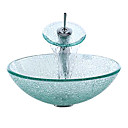 Transparent Cracked Stil gehärtetes Waschbecken aus Glas mit Wasserfall Wasserhahn, Einbauring und Wasser ablassen