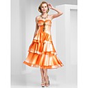 A-Line Spaghetti Straps Tea-Length Satin Evening Dress