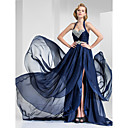 A-line Halter Court Train Satin And Chiffon Evening Dress