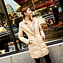 Women's Hooded Zip-up Long Down Coat with Pockets and Button Detail