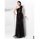 trompette / sirène une épaule balayage / pinceau train tulle et robe de soirée à paillettes
